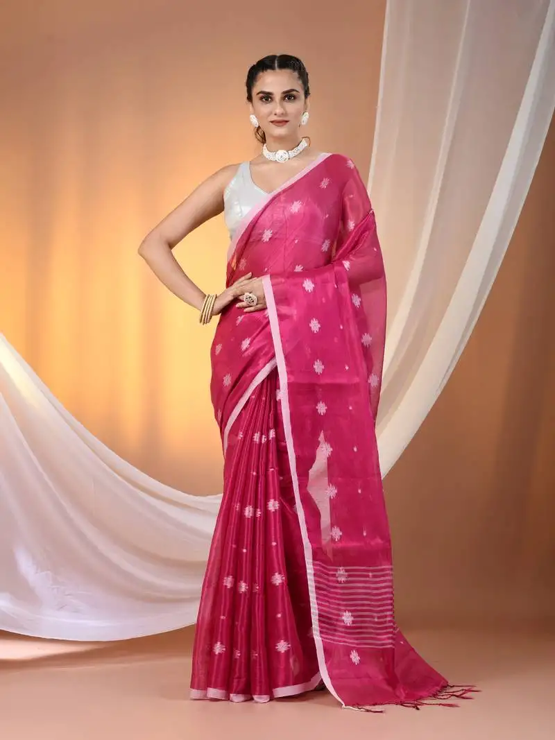 Pink texture motifs tissue saree with stripes pallu