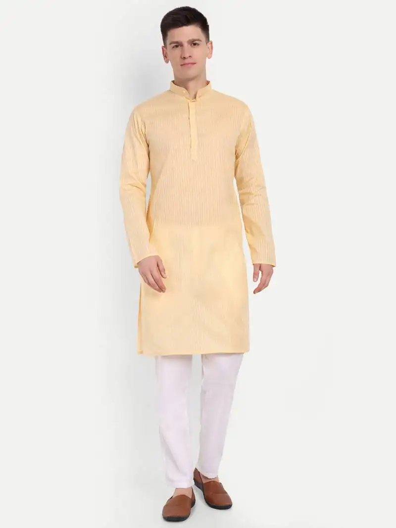 Light yellow cotton printed full sleeves kurta for men