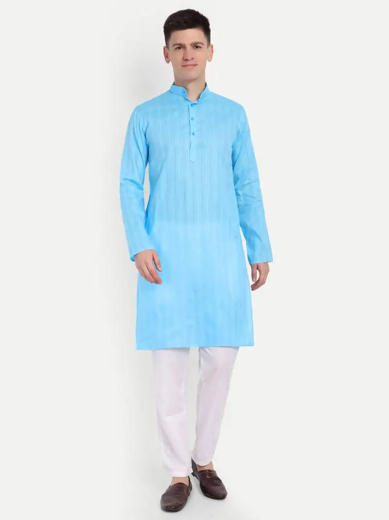 Sky blue cotton printed full sleeves kurta for men