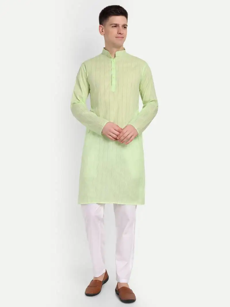 Light green cotton printed full sleeves kurta for men