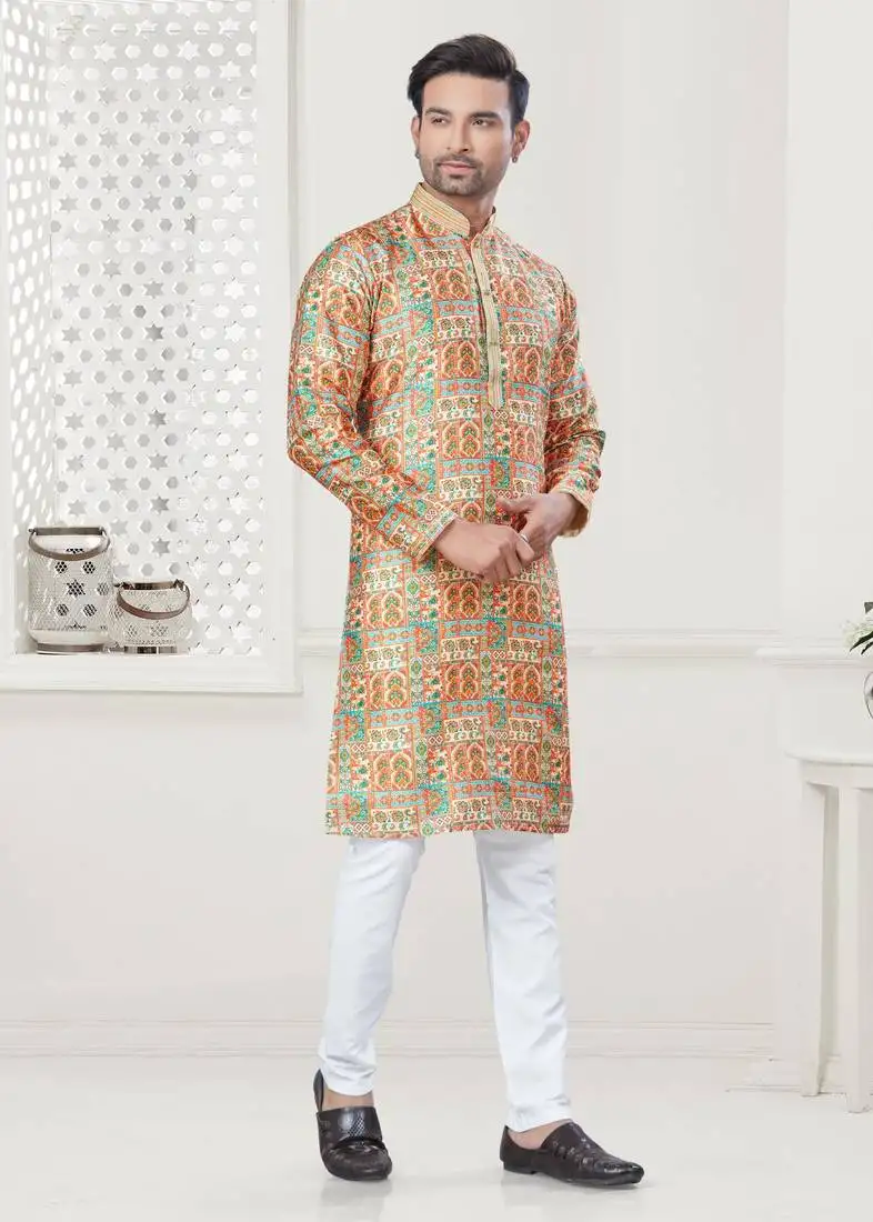 Yellow silk with digital printed kurta payjama for mens wear