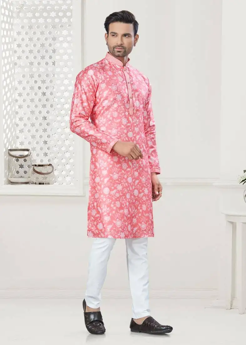 Pink silk with digital printed kurta payjama for mens wear
