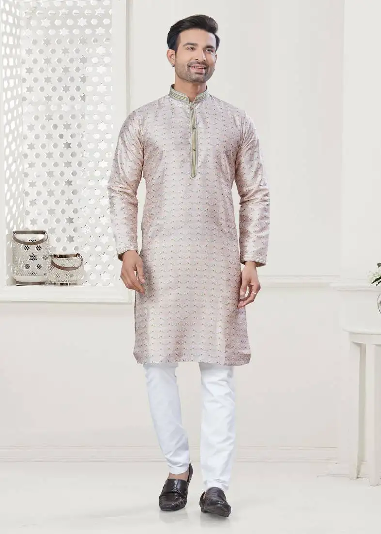 Grey silk with digital printed kurta payjama for mens wear