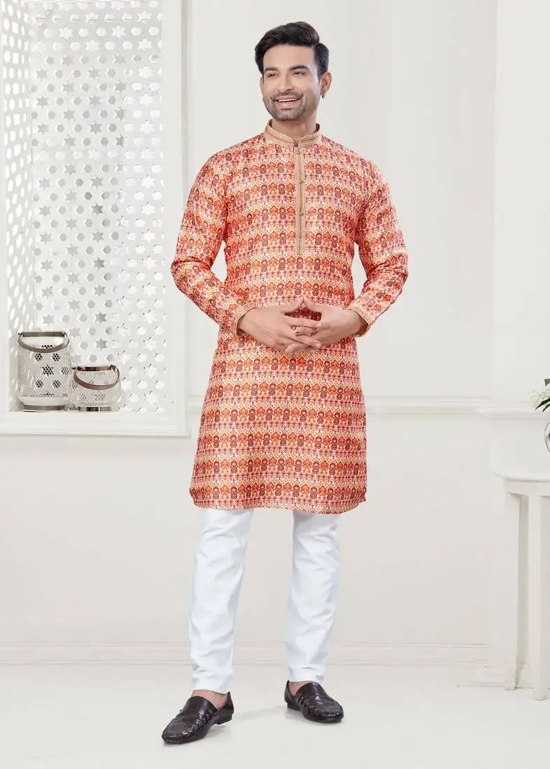 Orange silk with digital printed kurta payjama for mens wear