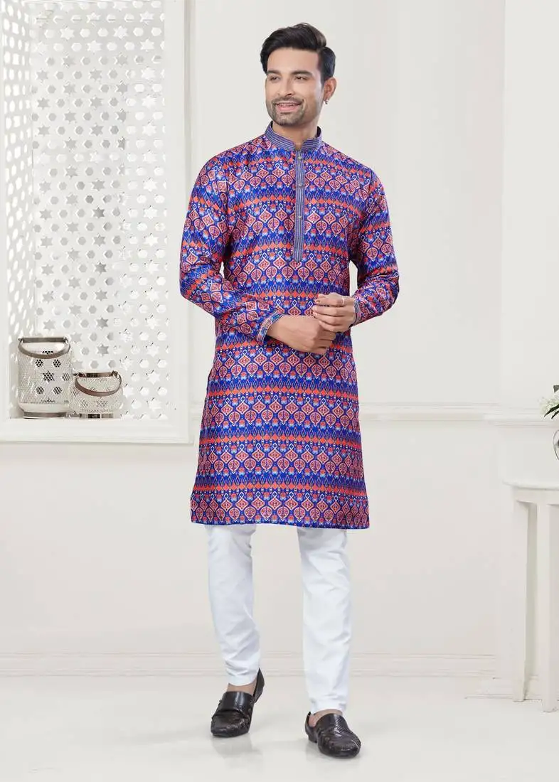 Purple silk with digital printed kurta payjama for mens wear