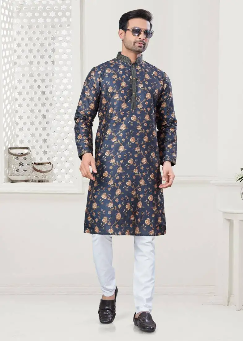 Dark blue silk with digital printed kurta payjama for mens wear