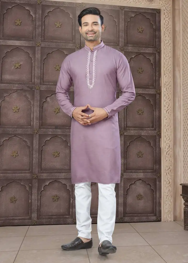 Pink art silk long kurta with cotton payjama for mens wear