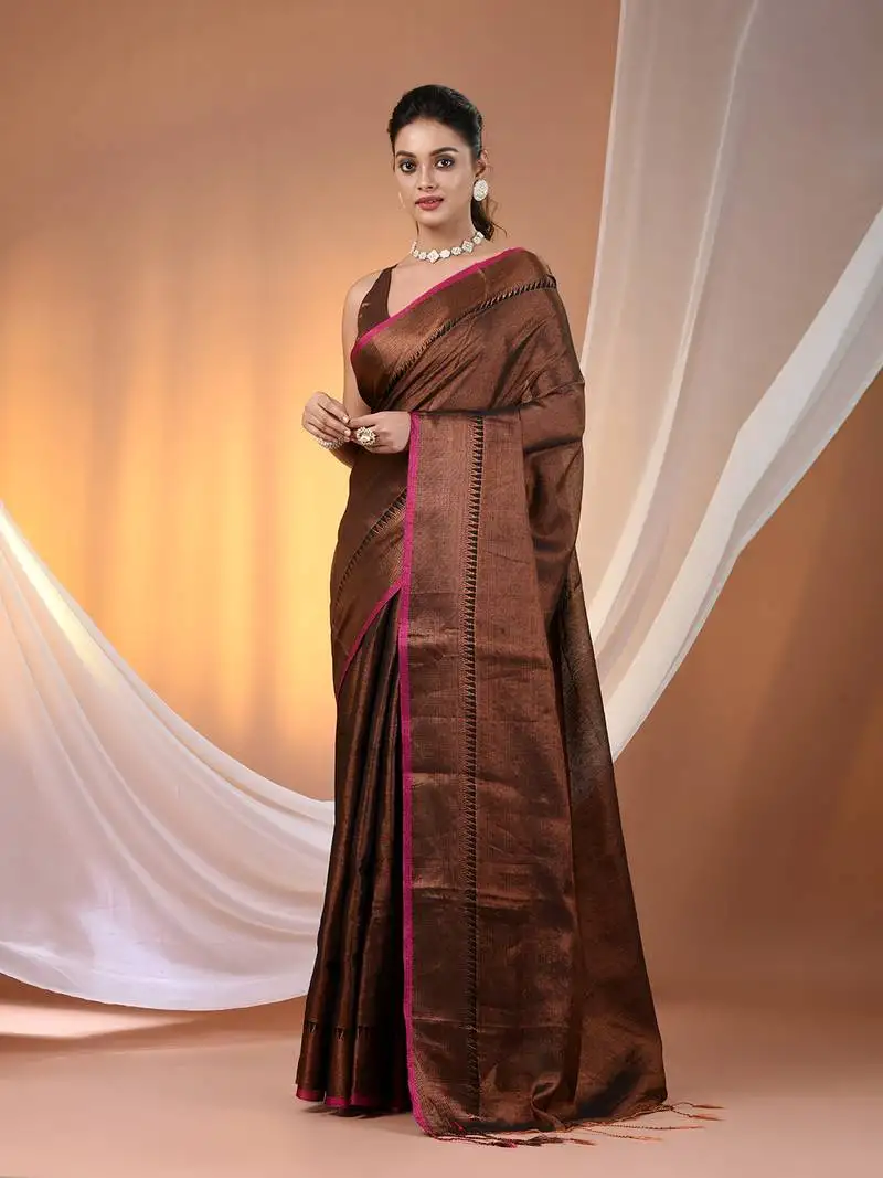 Copper and black tissue soft saree with zari borders