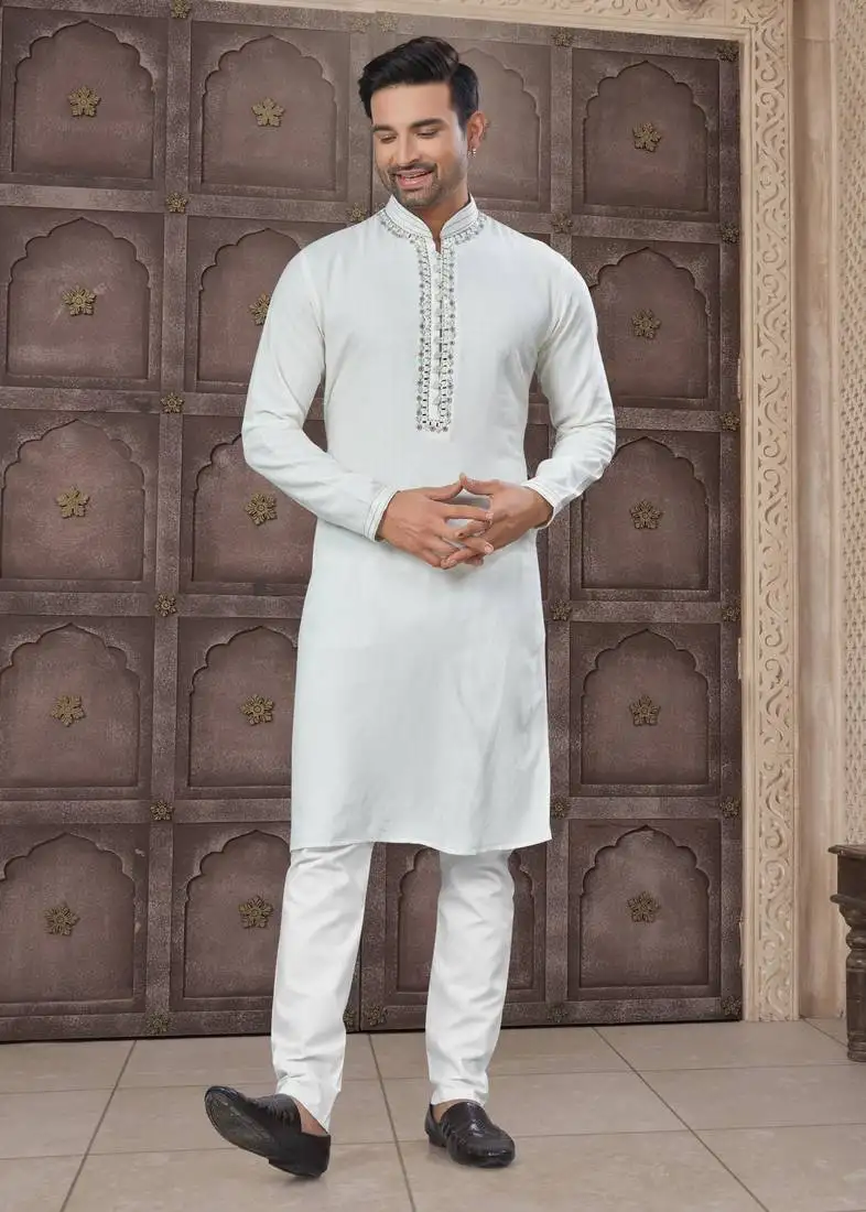 Off white art silk long kurta with cotton payjama for mens wear