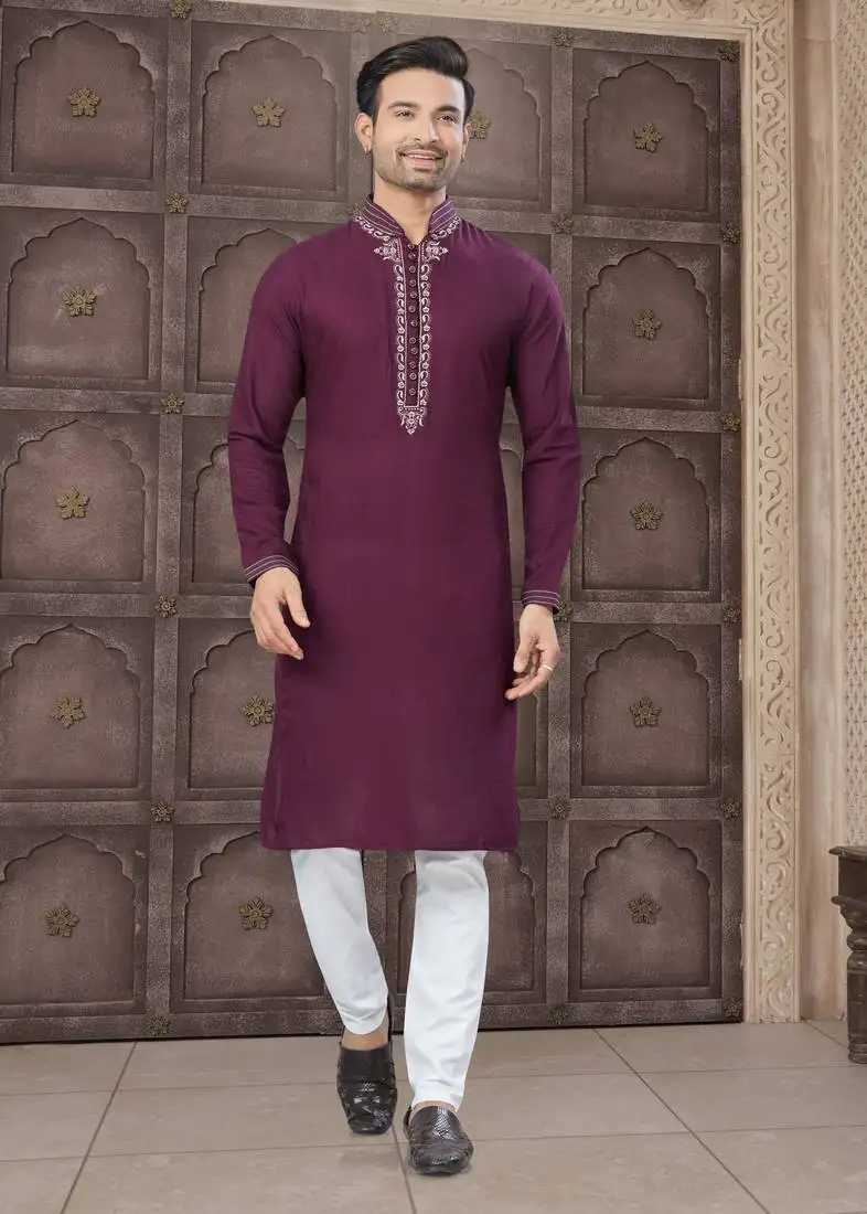 Purple art silk long kurta with cotton payjama for mens wear