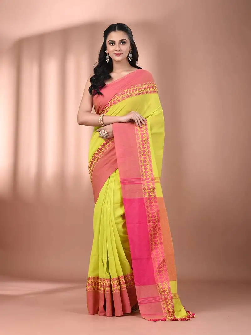 Lime green cotton handspun soft saree with texture borders