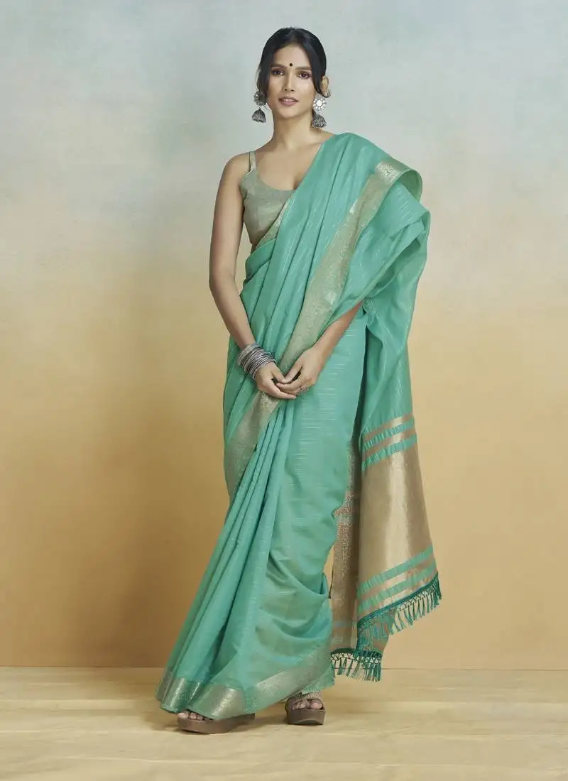 Tourquise khadi silk blend saree with tussle