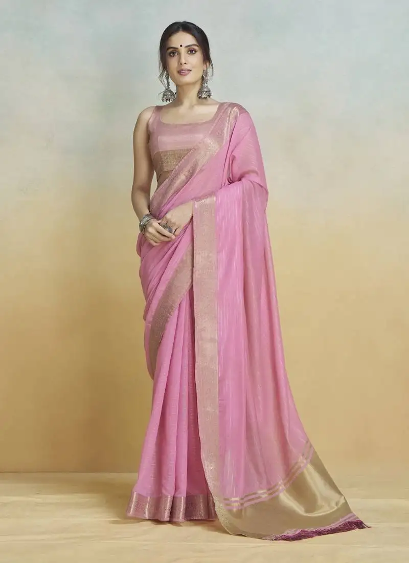 Pink khadi silk blend saree with tussle