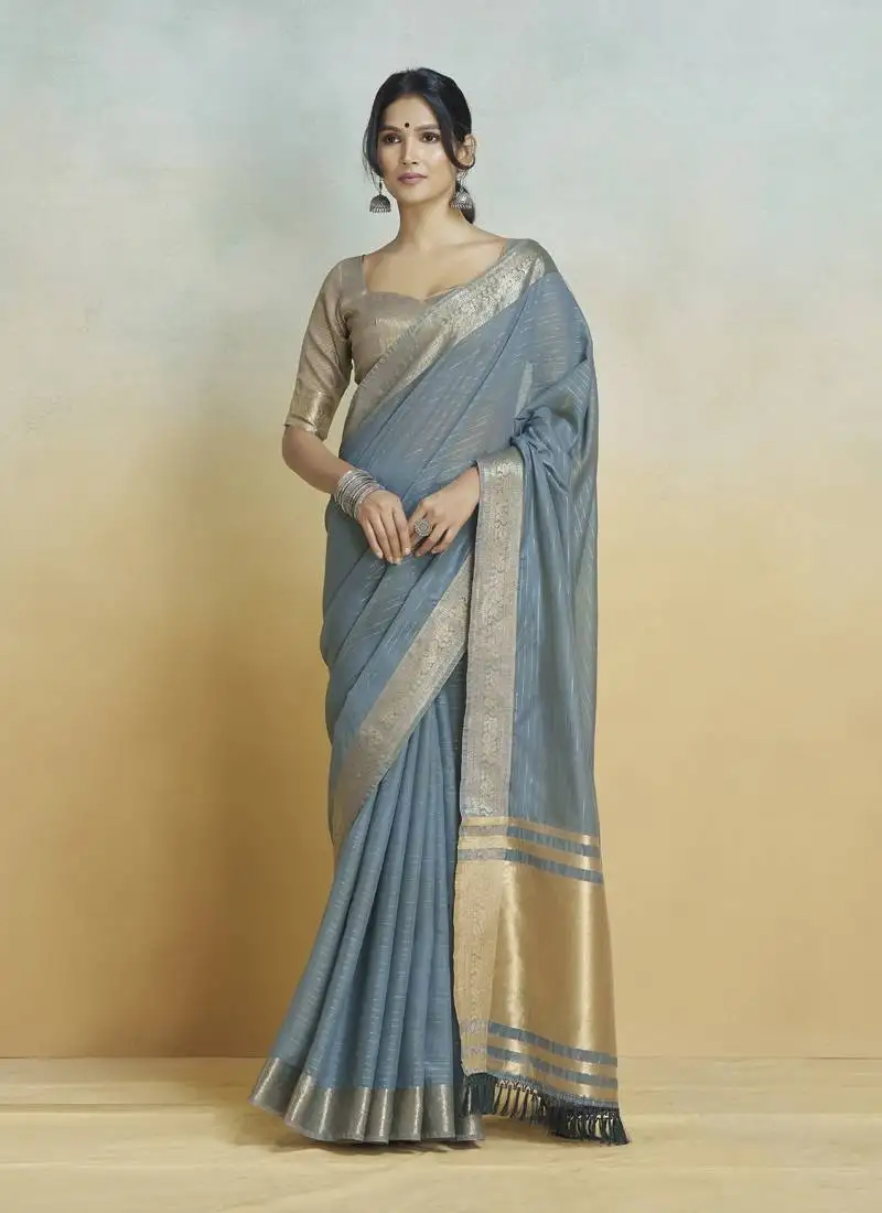 Grey khadi silk blend saree with tussle