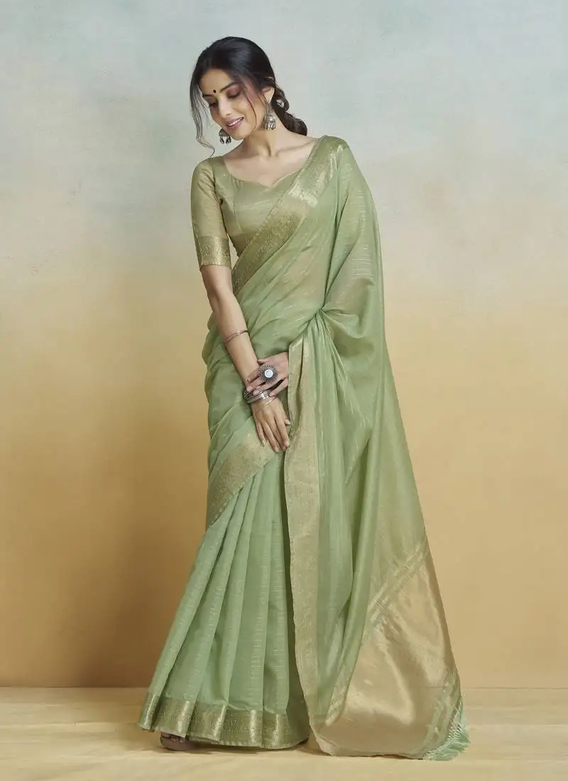Pista khadi silk blend saree with tussle