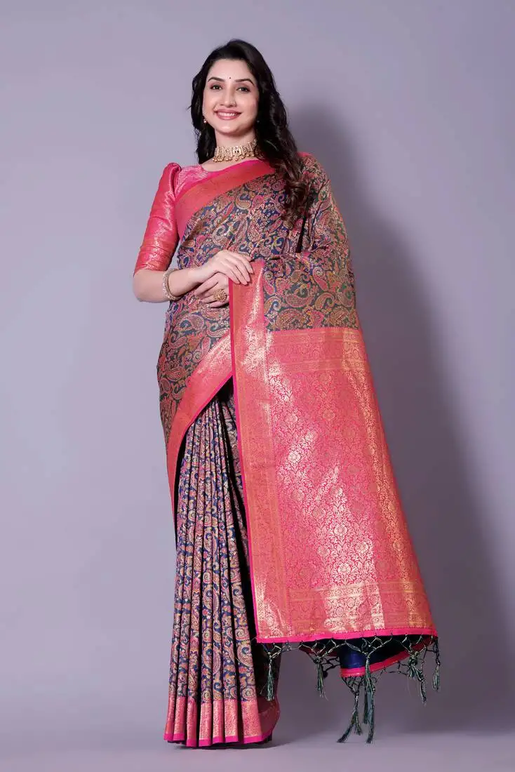 Rani pink banarasi art silk saree with paisley weaves