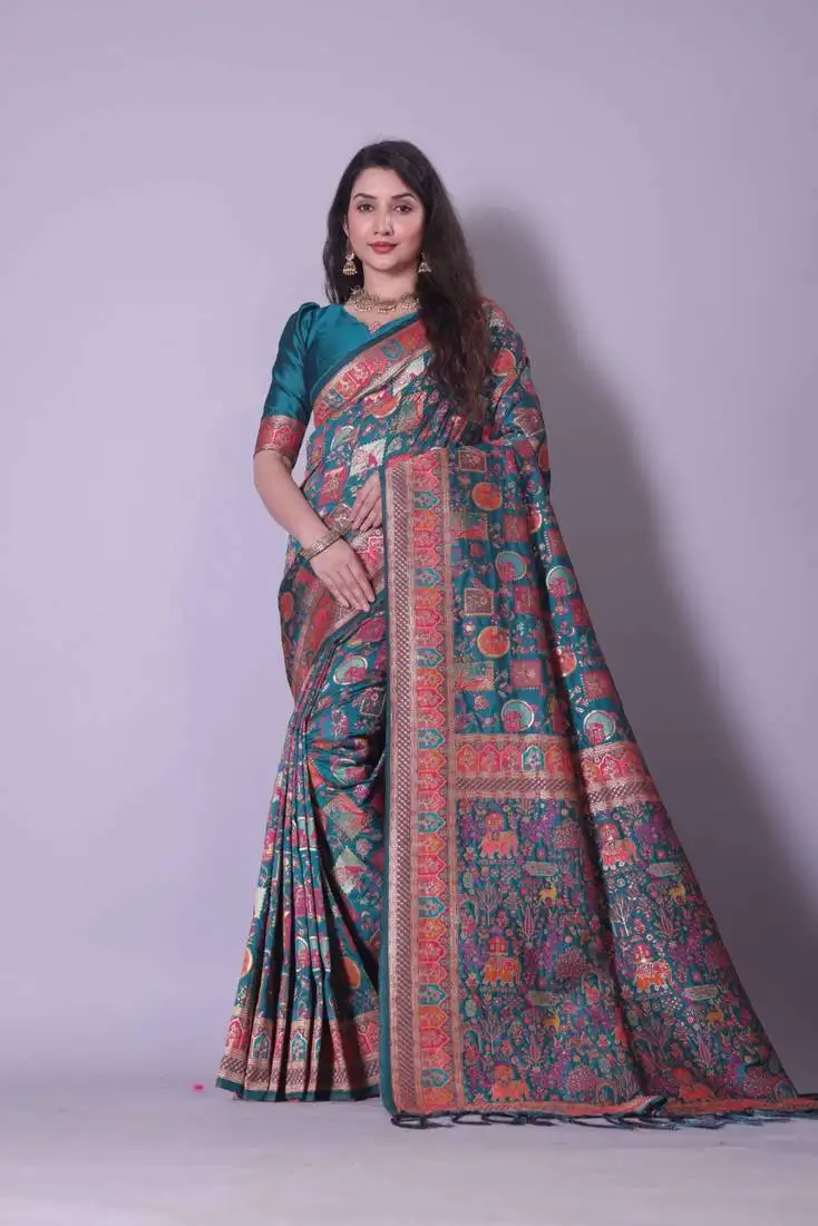 Teal blue banarasi art silk saree with rich zari woven motifs