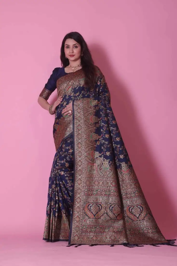 Navy blue banarasi saree with intricate zari weaving and paisley motifs