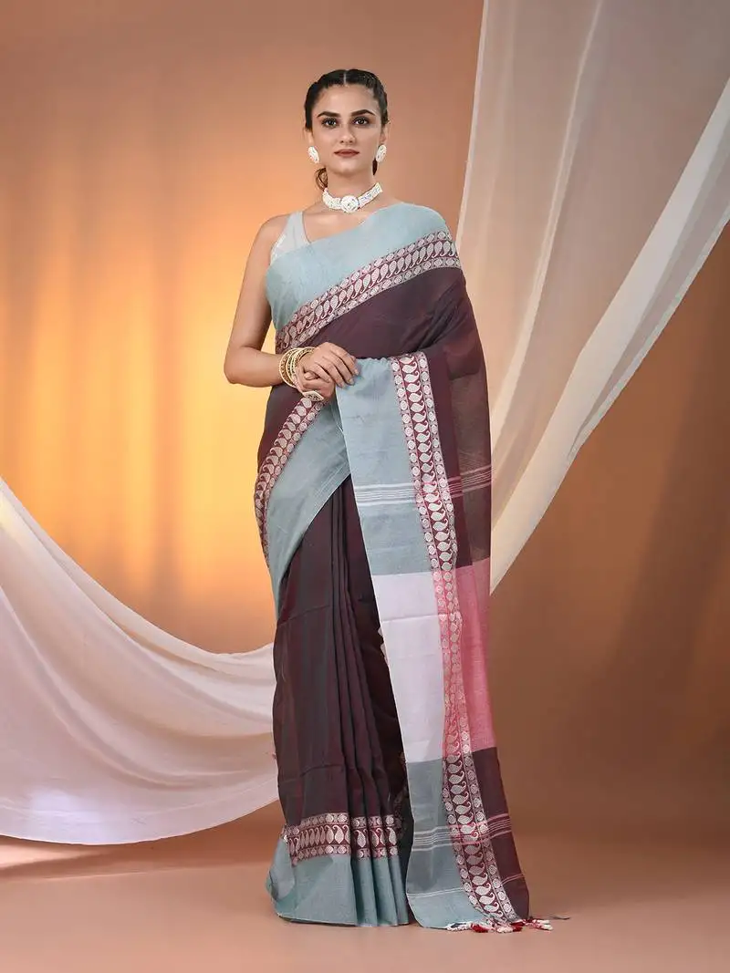 Maroon & teal dual tone cotton handspun soft saree with texture borders