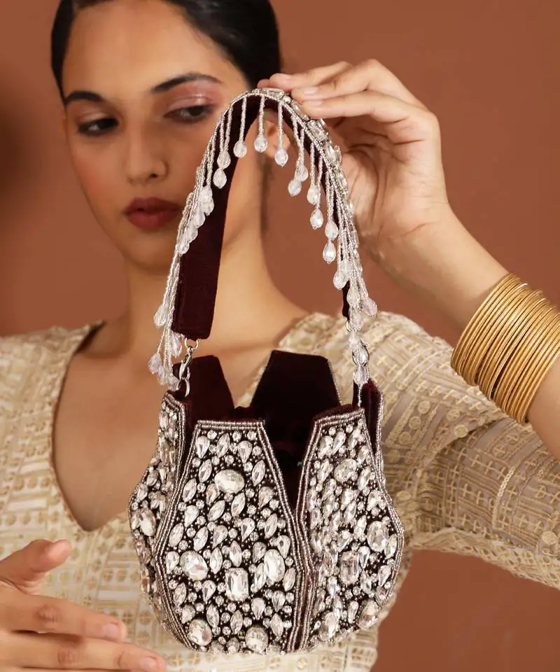 Suede red potli bag with handle