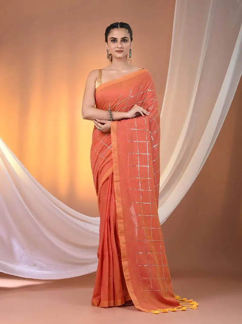 Peach cotton handspun soft saree with sequined work