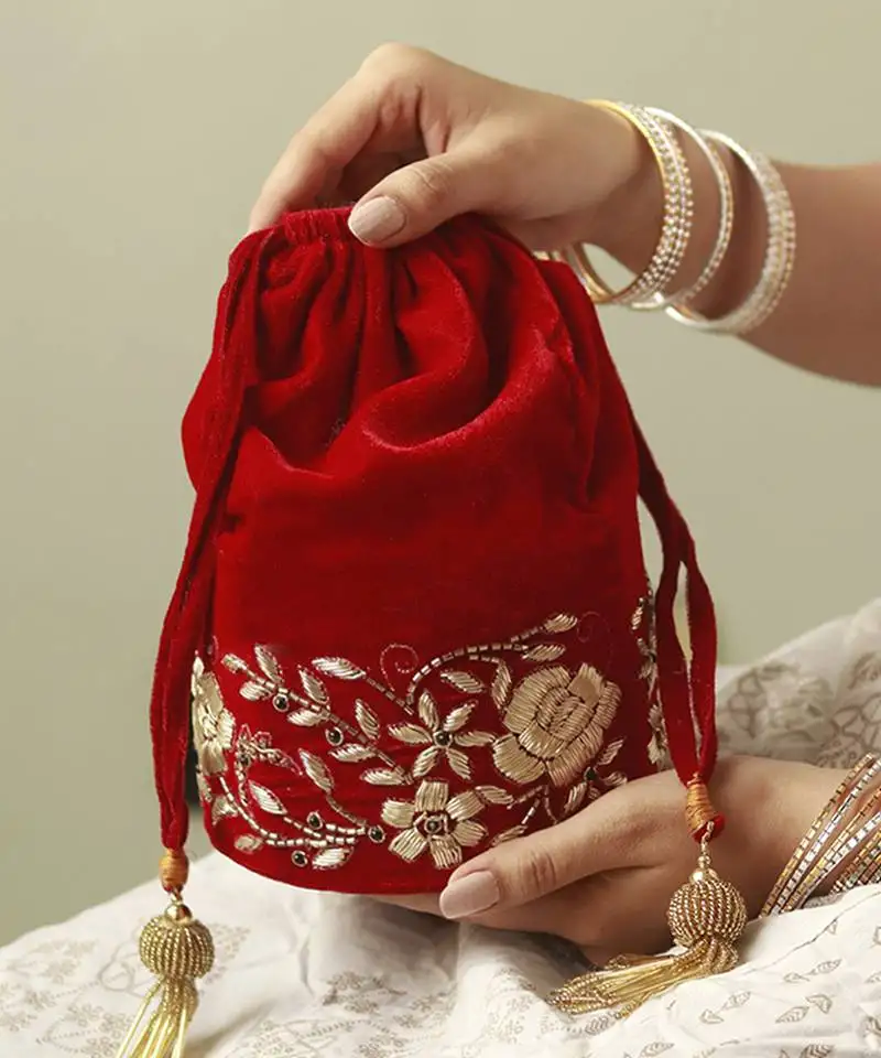 Red suede zardozi embroidered potli
