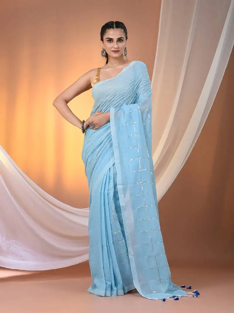 Sky blue cotton handspun soft saree with sequined work