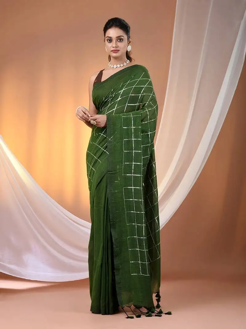 Green cotton handspun soft saree with sequined work