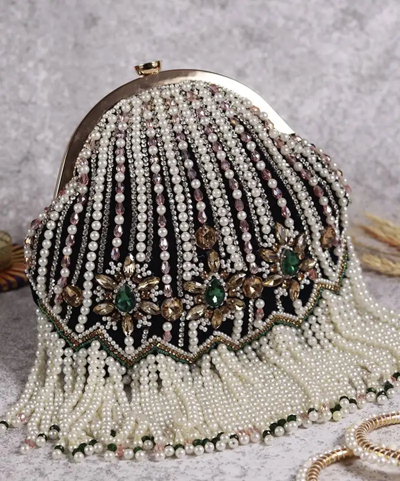 Black suede clutch with detachable chain