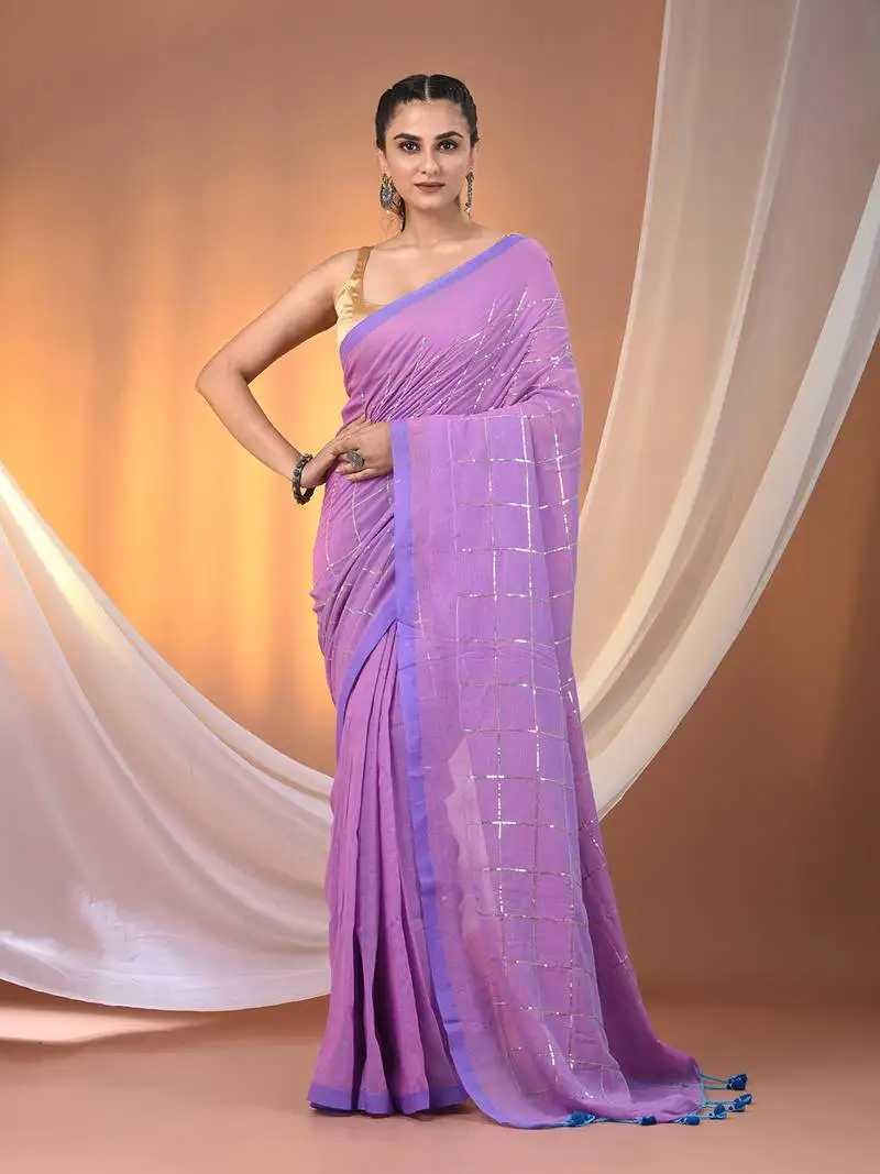 Violet cotton handspun soft saree with sequined work