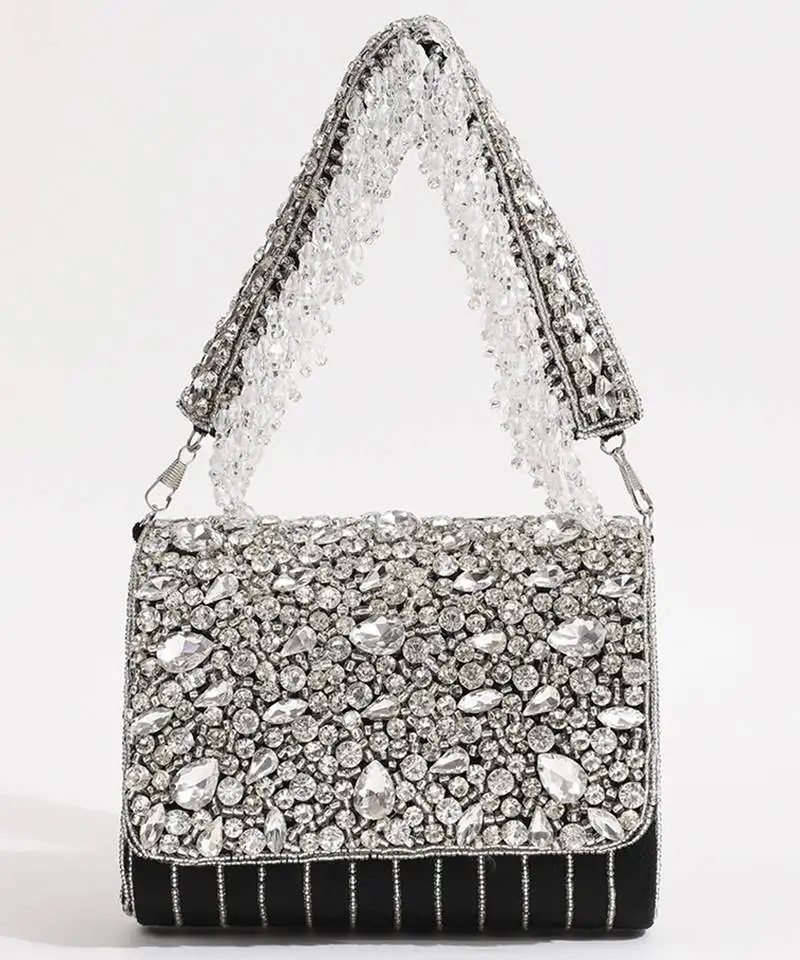 Black suede embellished flap over clutch bag