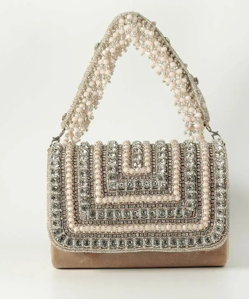 Beige suede embellished flap over clutch bag