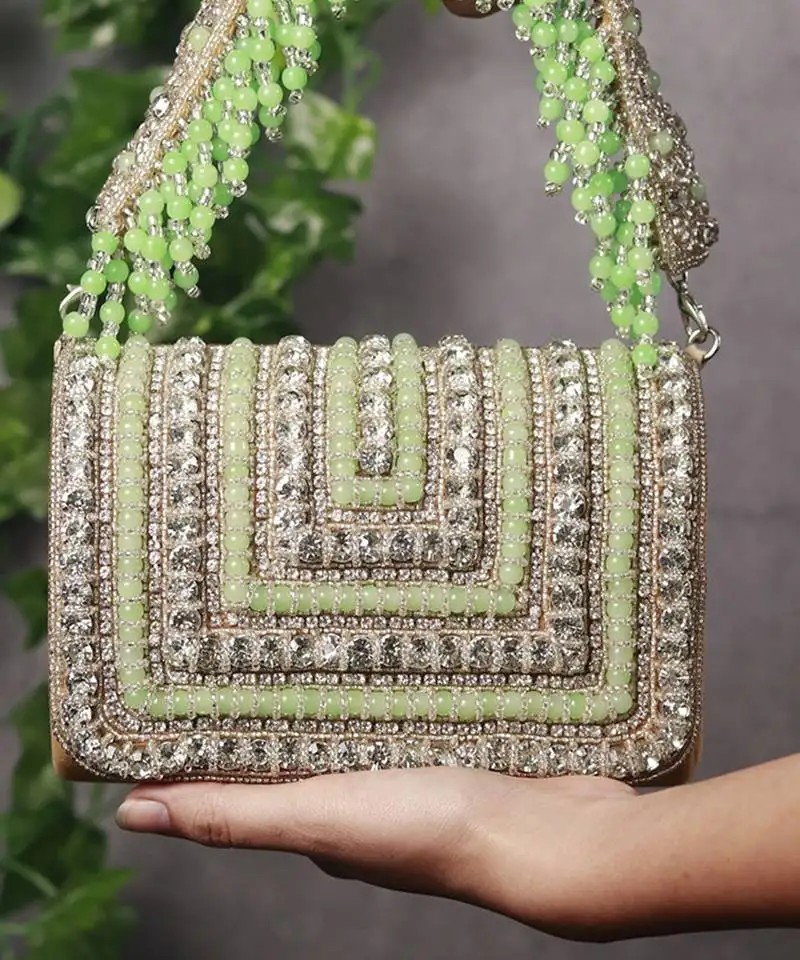 Green suede embellished flap over clutch bag