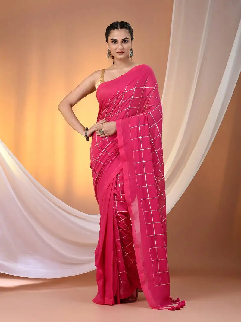Pink cotton handspun soft saree with sequined work