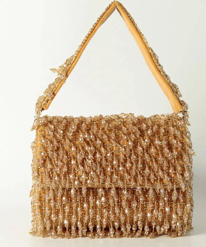 Gold suede beaded flap over clutch bag