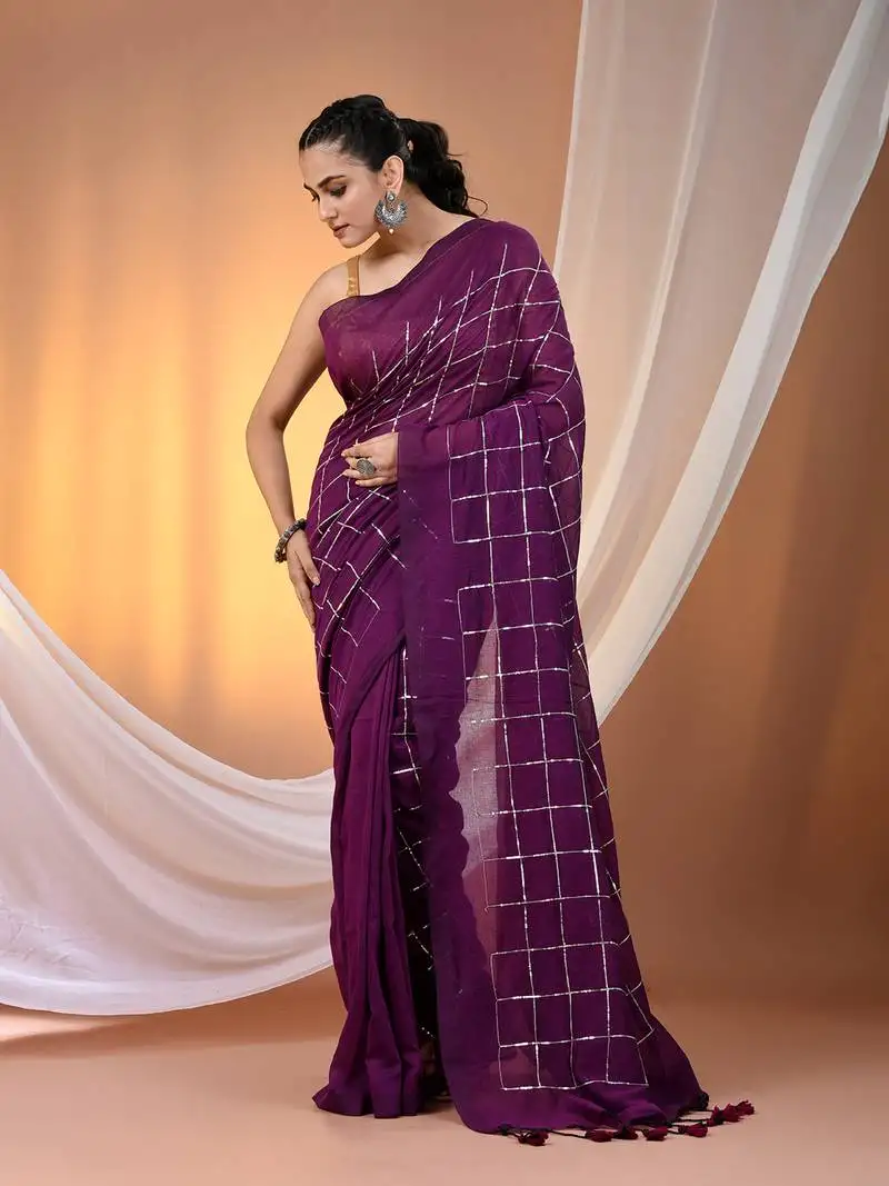 Purple cotton handspun soft saree with sequined work