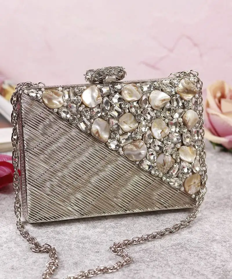 Silver beaded silver embellished brass clutch