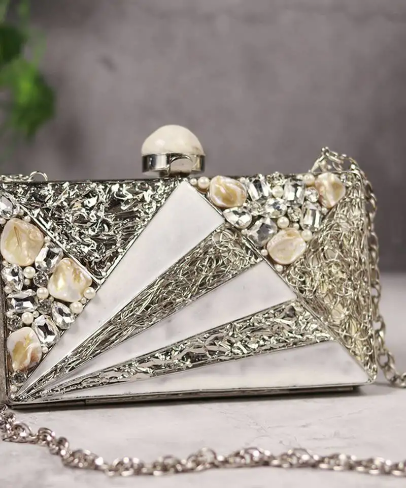 Silver beaded embellished mother of pearl clutch