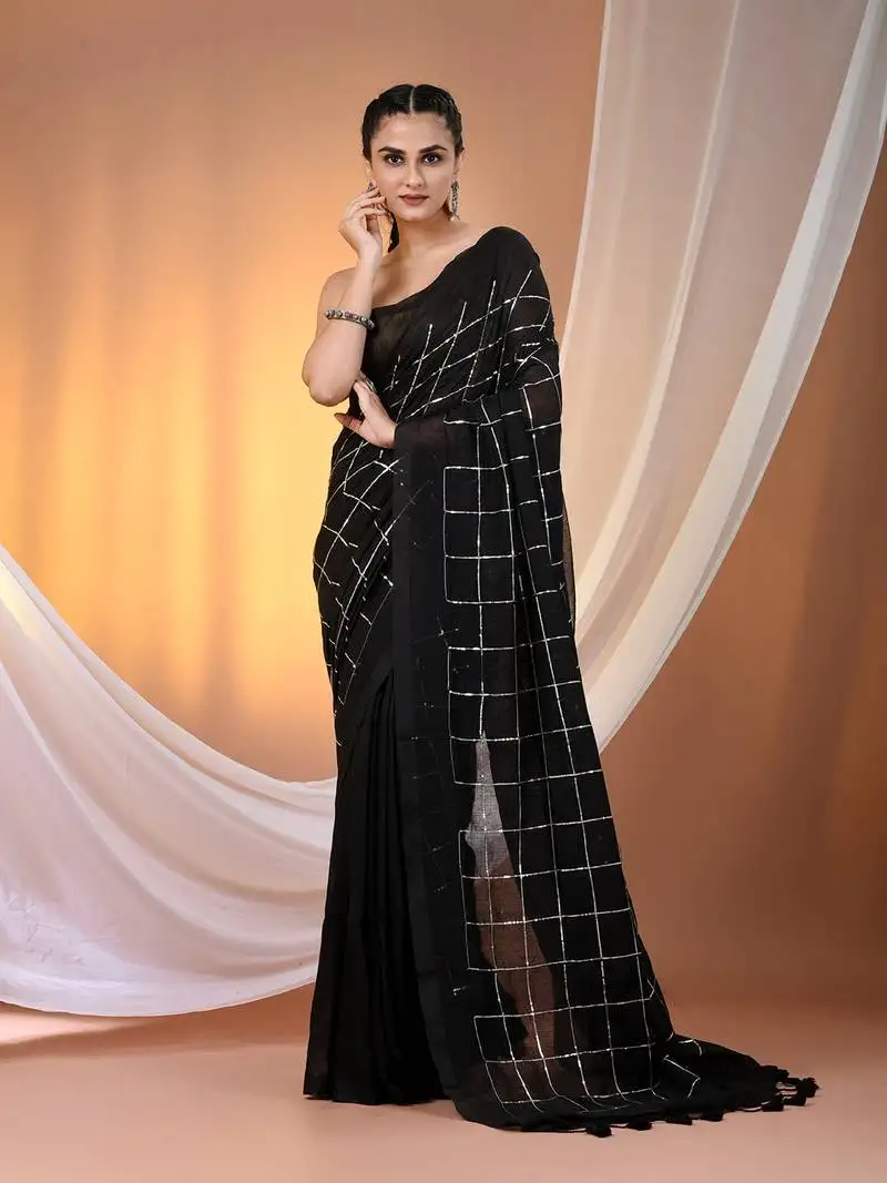 Black cotton handspun soft saree with sequined work
