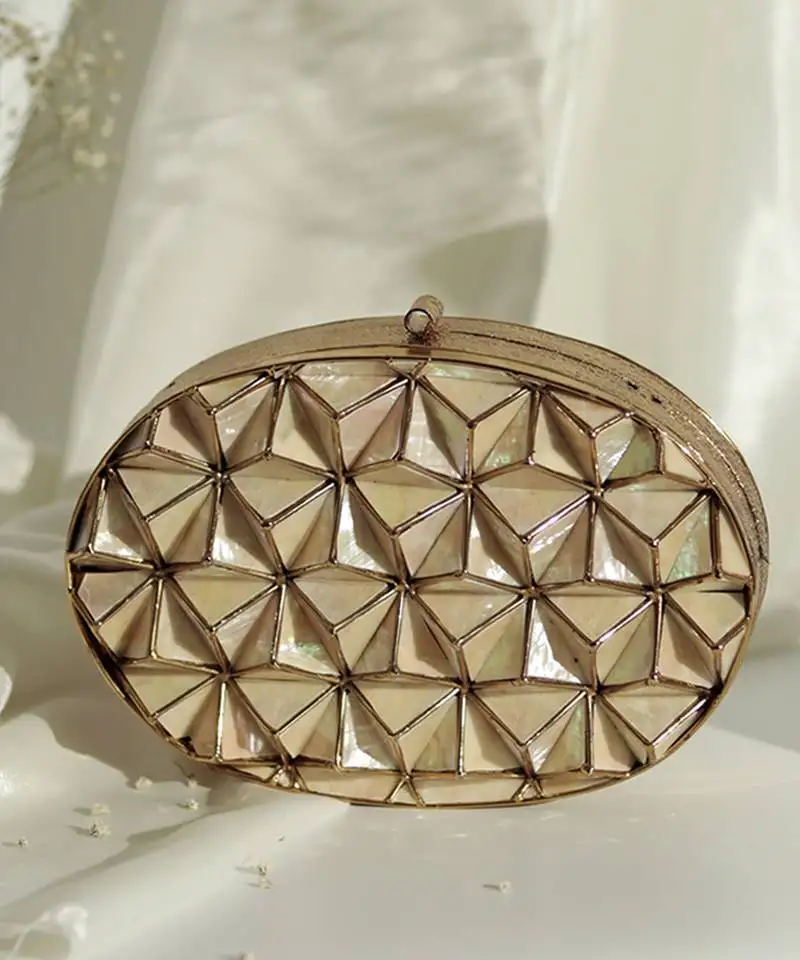 Gold embellished clutch with removeable chain