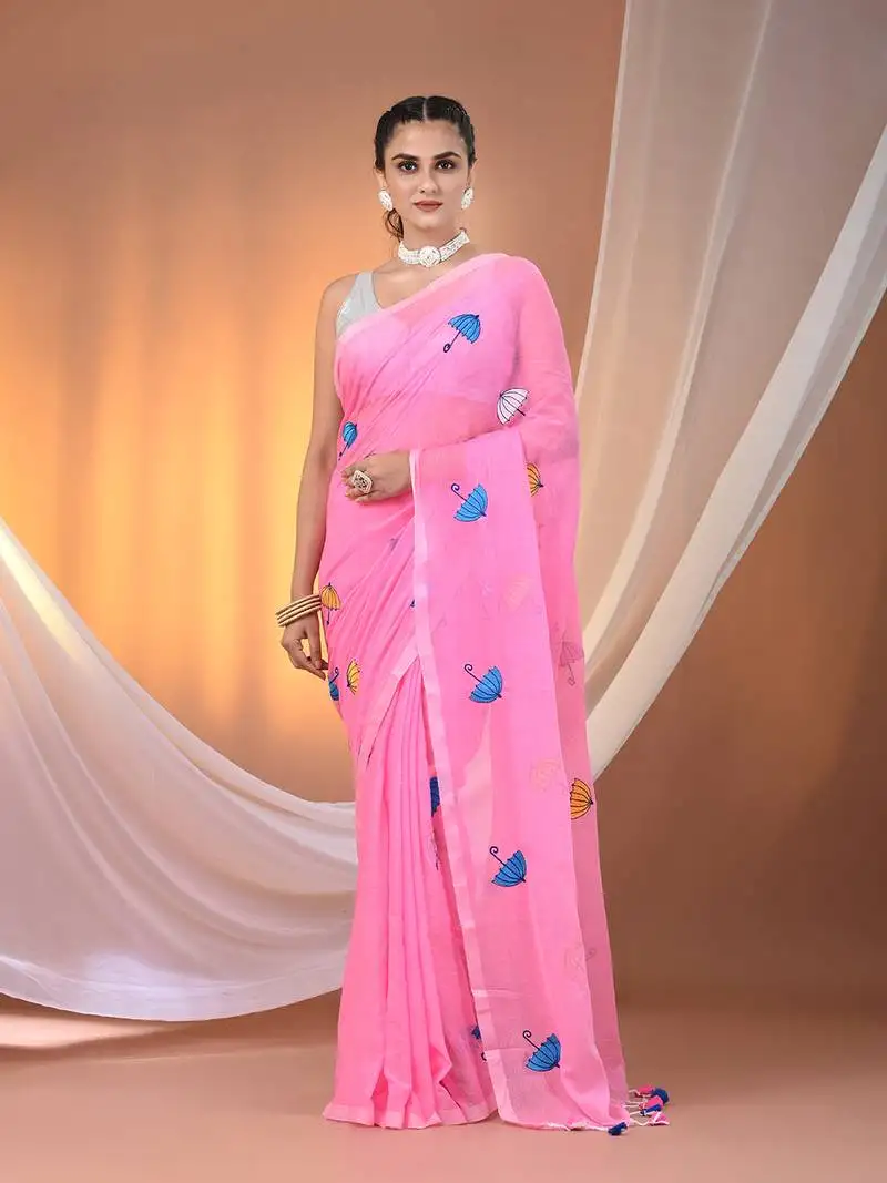 All over thread embroidery pink mulmul cotton saree without blouse