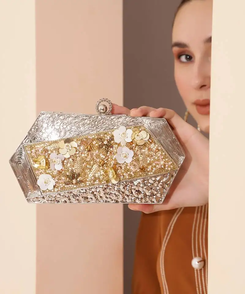 Silver beaded embellished clutch
