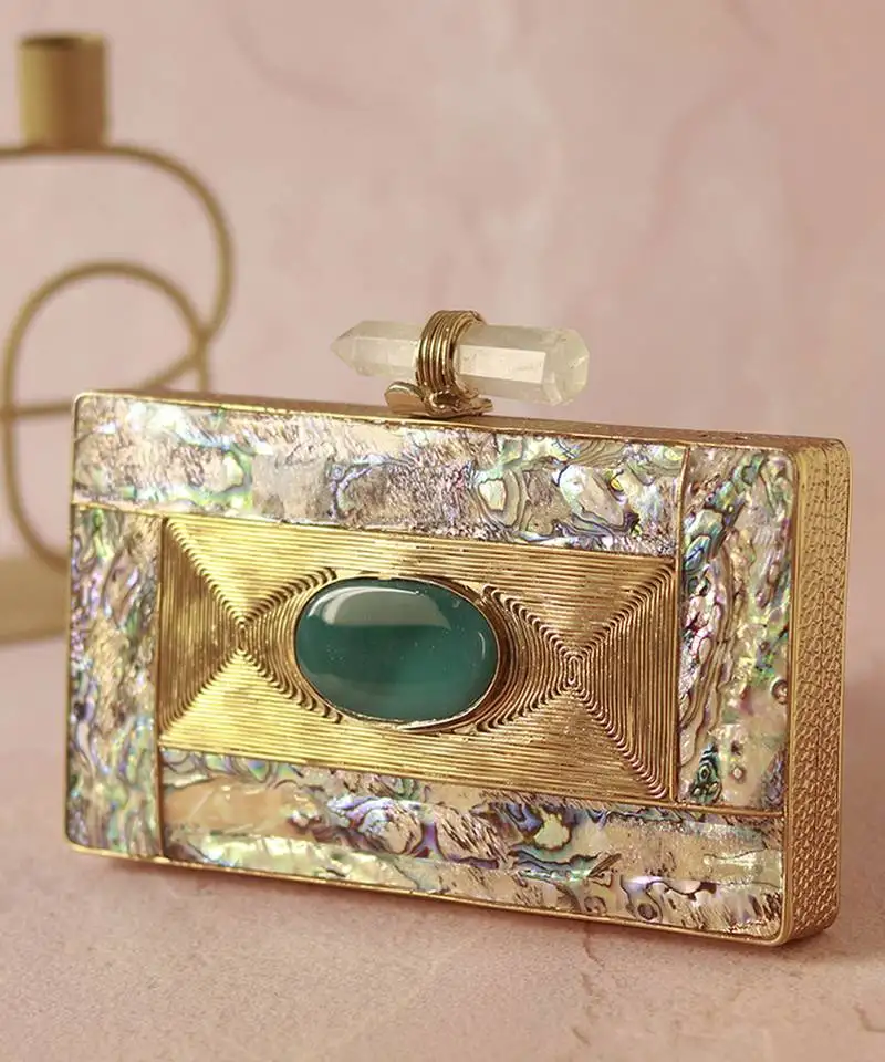 Gold golden embellished brass clutch