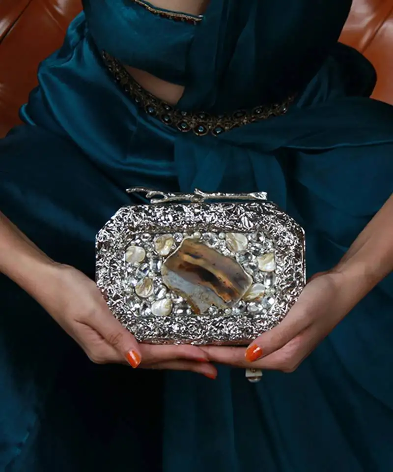 Silver beaded embellished agate stone clutch