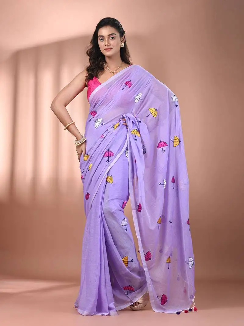 All over thread embroidery violet mulmul cotton saree without blouse