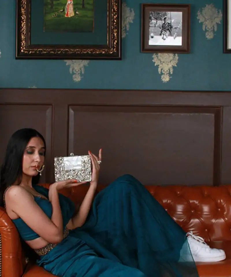 Silver beaded embellished brass clutch