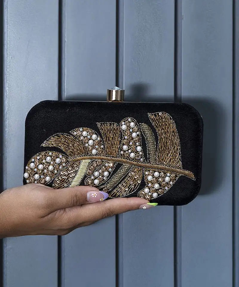 Black velvet hand embroidered leaf clutch