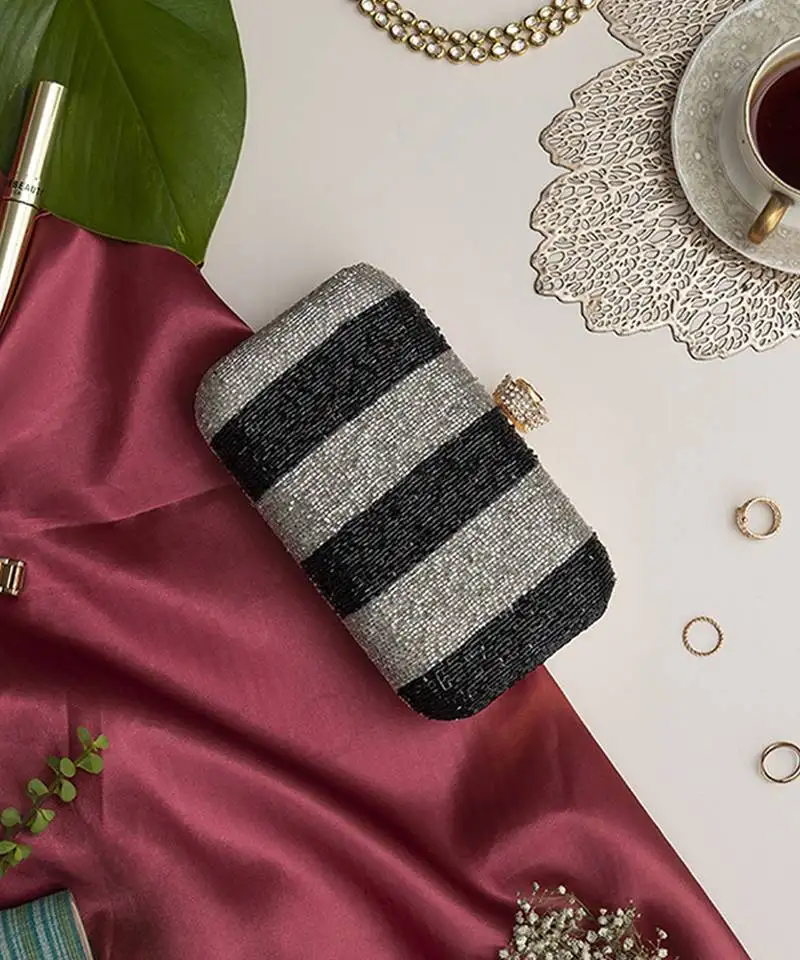 Black & silver hand embroidered silk clutch