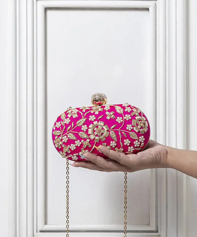 Pink silk hand embroidered clutch
