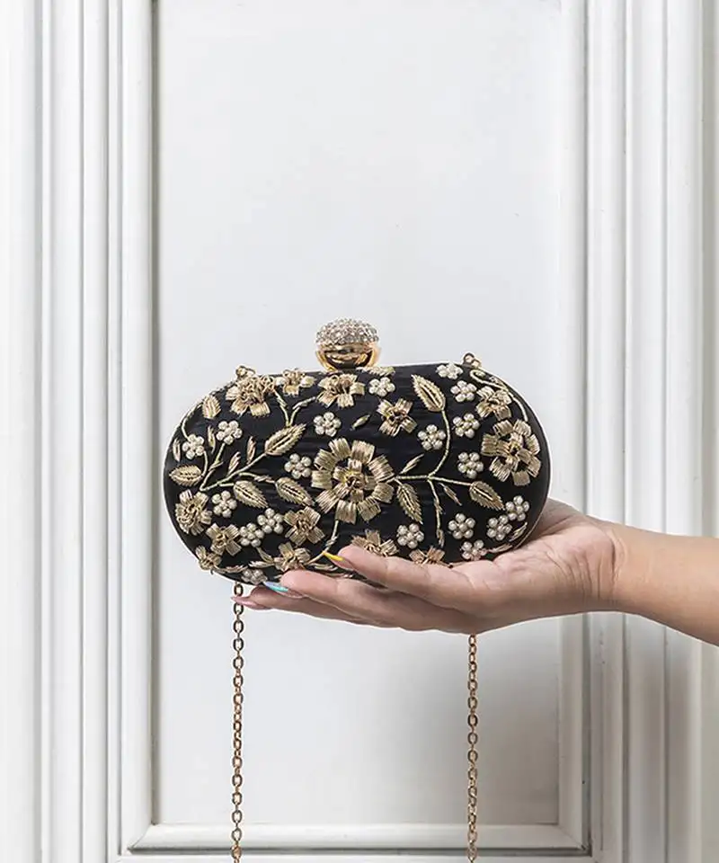 Black hand embroidered clutch